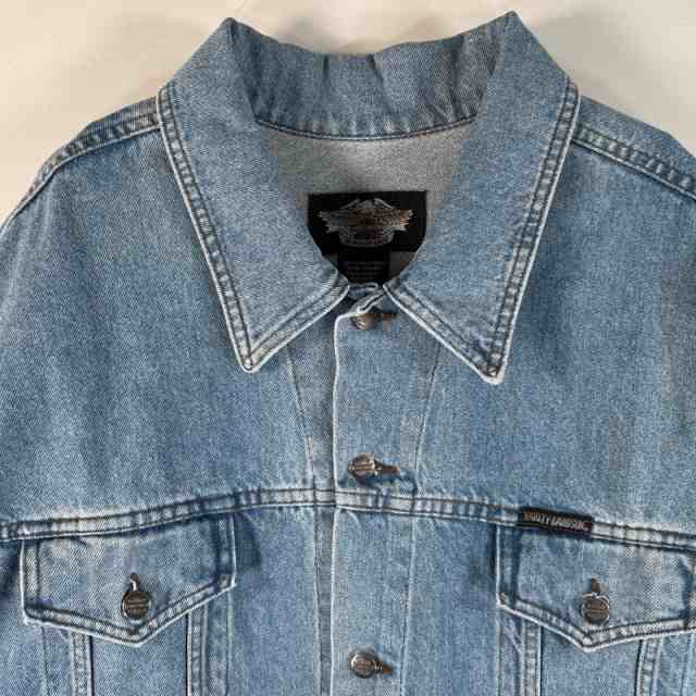 古着 ハーレーダビッドソン HARLEY DAVIDSON デニムジャケット バックプリント刺繍 大きいサイズ ビッグロゴ レザーパッチ XXXL ブルー系