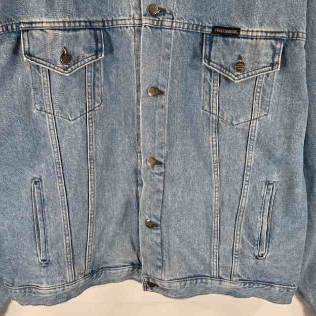 古着 ハーレーダビッドソン HARLEY DAVIDSON デニムジャケット バックプリント刺繍 大きいサイズ ビッグロゴ レザーパッチ XXXL ブルー系