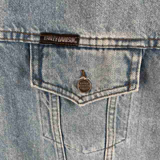 古着 ハーレーダビッドソン HARLEY DAVIDSON デニムジャケット バックプリント刺繍 大きいサイズ ビッグロゴ レザーパッチ XXXL ブルー系