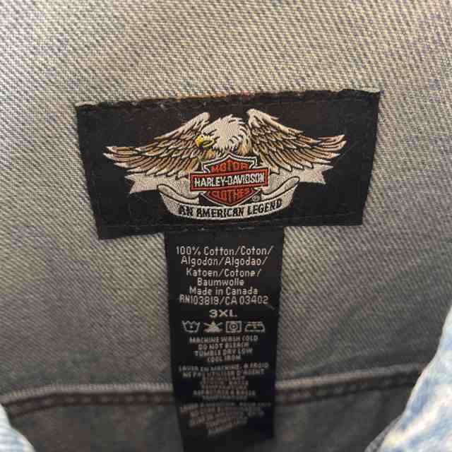 古着 ハーレーダビッドソン HARLEY DAVIDSON デニムジャケット バックプリント刺繍 大きいサイズ ビッグロゴ レザーパッチ XXXL ブルー系
