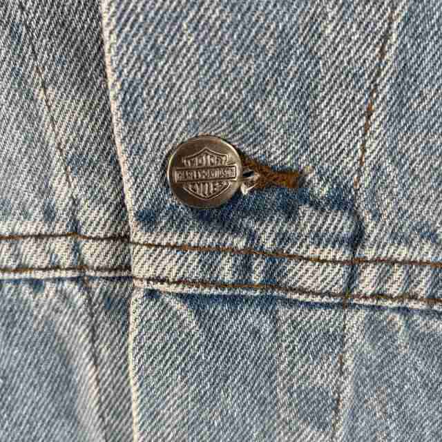 古着 ハーレーダビッドソン HARLEY DAVIDSON デニムジャケット バックプリント刺繍 大きいサイズ ビッグロゴ レザーパッチ XXXL ブルー系