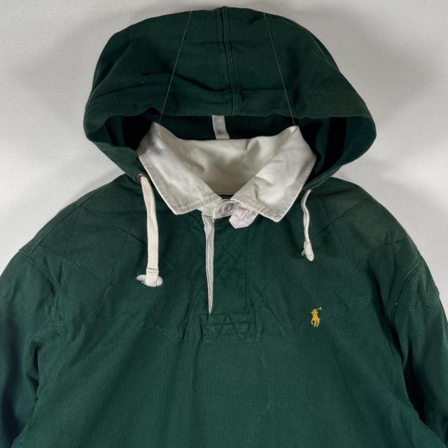 古着 90s/90年代 ポロバイラルフローレン Polo by Ralph Lauren 長袖 ラガーシャツ フーディ ワンポイントロゴ刺繍 L グリーン メンズ_1