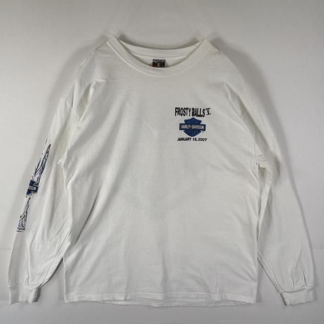 古着 ヘインズ Hanes 長袖Tシャツ ハーレーダビットソン ファイヤーデザイン ラバープリント ロサンゼルス BEEFY  ホワイト メンズ