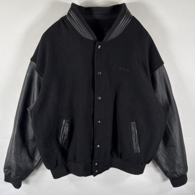 古着 スタジャン ウールレザー アワードジャケット ワンポイント刺繍 大きいサイズ キルティングライナー XXL  ブラック メンズ