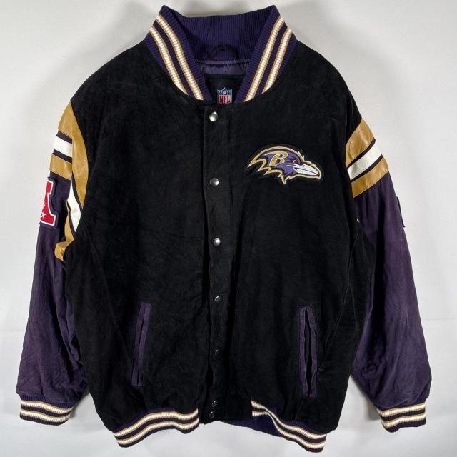 古着 エヌエフエル NFL スタジャン RAVENS アワードジャケット バックロゴ刺繍 ワッペン 大きいサイズ XXL  ブラック メンズ