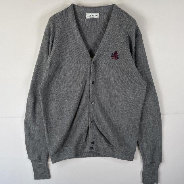 80s アクリル ニット カーディガン Lサイズ USA製 アメリカ古着 グレー 無地 ワンポイント刺繍 セーター ヴィンテージ VINTAGE オールド ジャンセン JANTZEN 80s アクリルカーディガン 大きめ ニット USA製