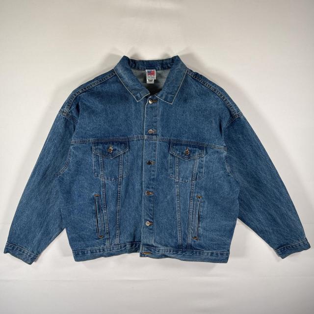 古着 90s/90年代 USA製 デニムジャケット ケロッグデザインロゴ バックロゴ 企業ロゴ 大きいサイズ XXL  ブルー メンズ