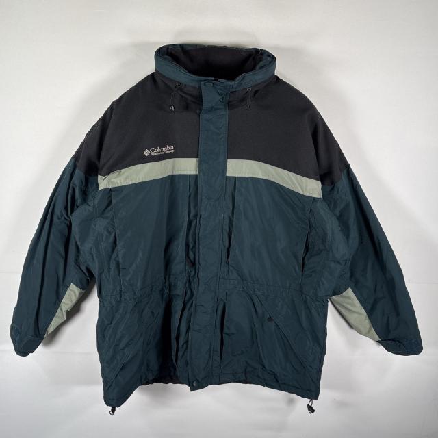 古着 コロンビア Columbia マウンテンパーカー ナイロンジャケット ツートンカラー フルジップ 中綿 フード収納 XL  グリーン系 メンズ