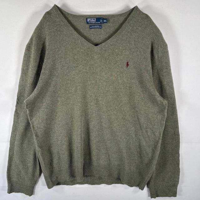 古着 90s/90年代 ポロバイラルフローレン Polo by Ralph Lauren ウールニットセーター Ｖネック ワンポイントロゴ刺繍 XXL  グリーン系