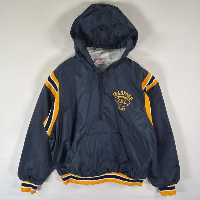 古着 90s/90年代 Bridie USA製 ナイロンスタジャン ハーフジップ アノラックパーカー プリント プルオーバー L ネイビー メンズ