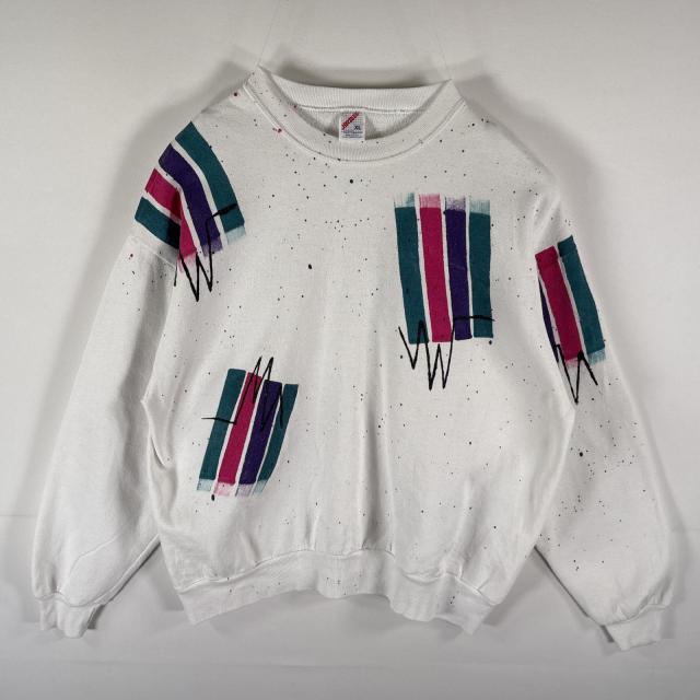 古着 90s/90年代 ジャージーズ Jerzees USA製 スウェット トレーナー クルーネック ペイントアートプリント XL ホワイト メンズ