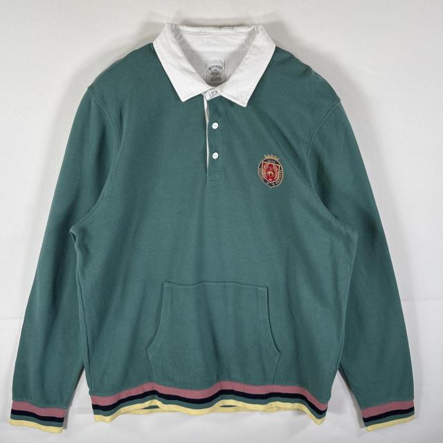 古着 ブルックスブラザーズ Brooks Brothers ラガーシャツ スウェット ラバーボタン 長袖 ロゴワッペン リブ切り替え XXL  グリーン系