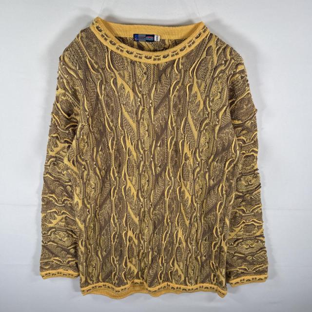 古着 クージー COOGI セーター 3Dニット 総柄 ツートンカラー オーストラリア 大きいサイズ XXXL  イエロー メンズ