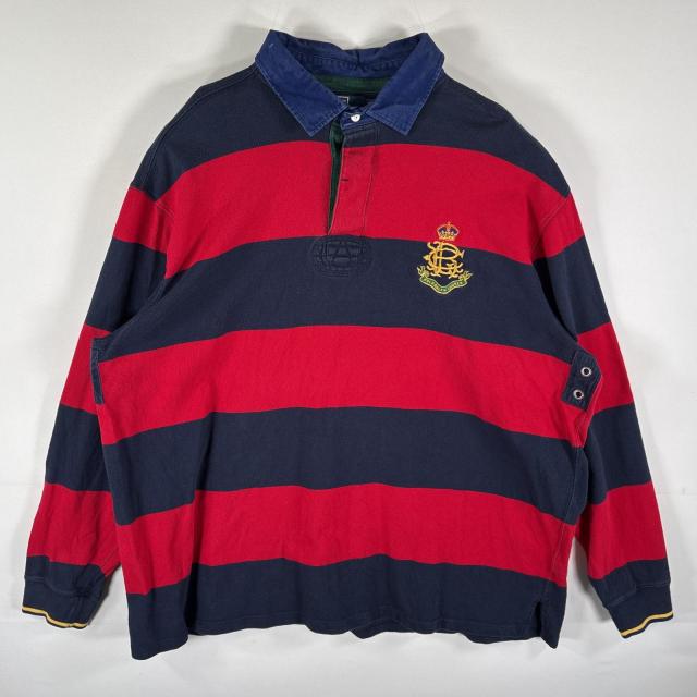 古着 ポロバイラルフローレン Polo by Ralph Lauren 長袖 ラガーシャツ ボーダー ワンポイントロゴ刺繍 ポロシャツ 3LT  レッド メンズ