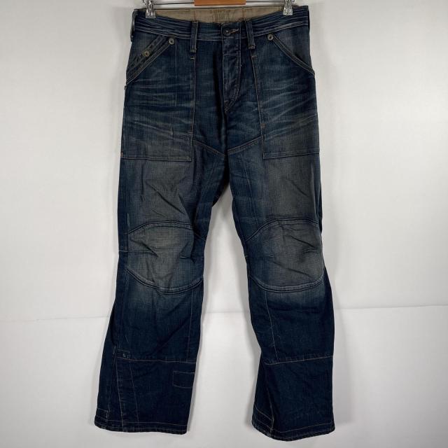 古着 ジースターロゥ G-STAR RAW デニムパンツ デニム ベイカーパンツ ボタンフライ ダメージ加工 ヒゲ 色落ち w31 L32  ブルー メンズ