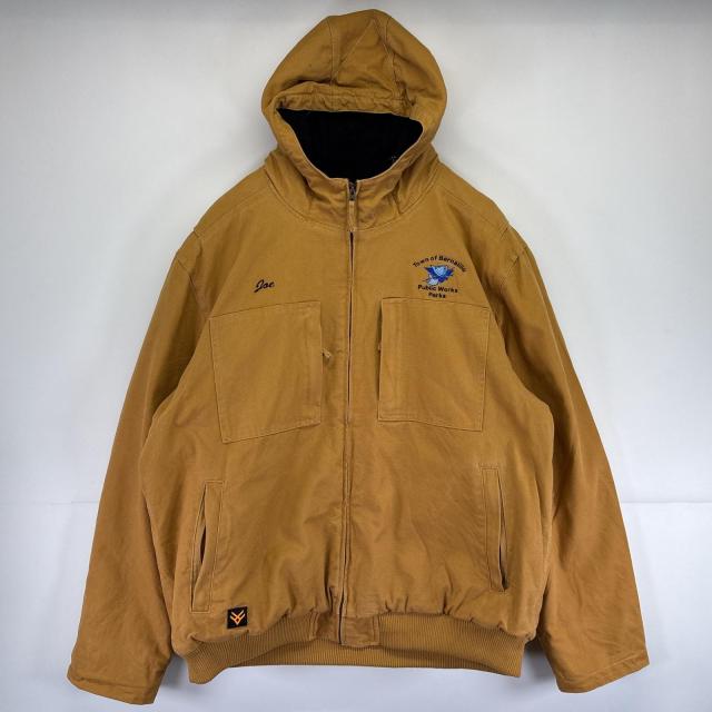 古着  HAWX WORK GEAR ワークジャケット ダック 大きいサイズ 中綿 企業ロゴ パーカー 2XL  ベージュ系 メンズ