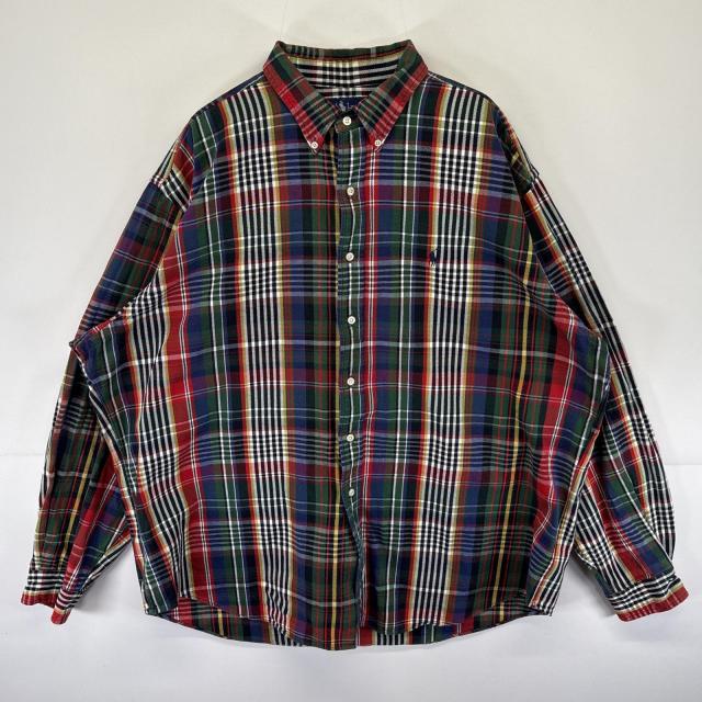 古着 90s/90年代 ラルフローレン RALPH LAUREN 長袖 ヘビーネルシャツ ワンポイントロゴ刺繍 ボタンダウン XXL  レッド メンズ