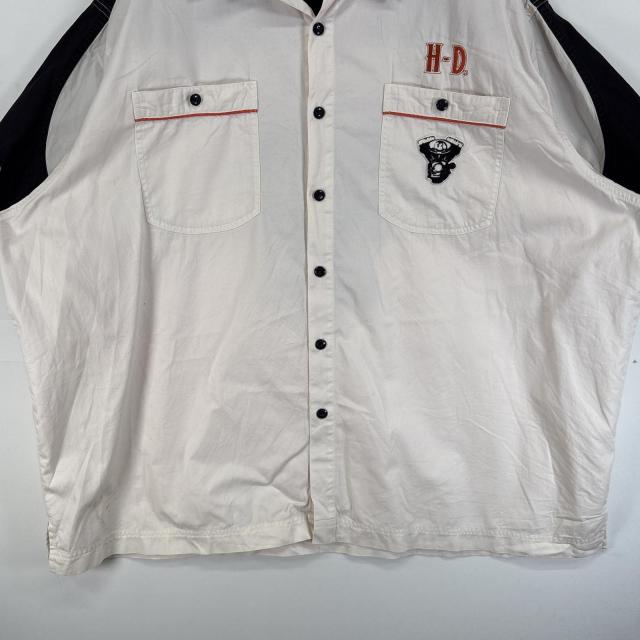 古着 ハーレーダビッドソン HARLEY DAVIDSON 半袖シャツ ワーク 両面 刺繍 ロゴ 大きいサイズ 3XL  ベージュ系 ツートン メンズ_2