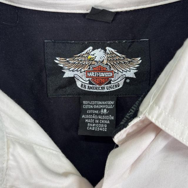 古着 ハーレーダビッドソン HARLEY DAVIDSON 半袖シャツ ワーク 両面 刺繍 ロゴ 大きいサイズ 3XL  ベージュ系 ツートン メンズ_4