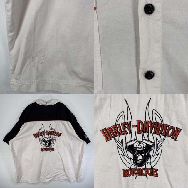 古着 ハーレーダビッドソン HARLEY DAVIDSON 半袖シャツ ワーク 両面 刺繍 ロゴ 大きいサイズ 3XL  ベージュ系 ツートン メンズ_8