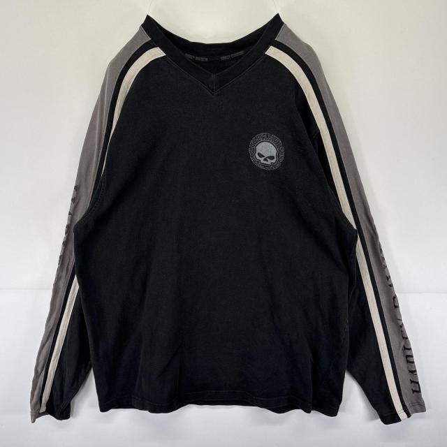 古着 ハーレーダビッドソン HARLEY DAVIDSON 長袖Tシャツ ロンT 袖ロゴプリント スカル Ｖネック トレーナー XXL  ブラック メンズ