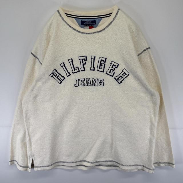 古着 トミージーンズ TOMMY JEANS USA製 スウェット 起毛トレーナー ロゴ刺繍 クルーネック インサイドアウト L ホワイト メンズ