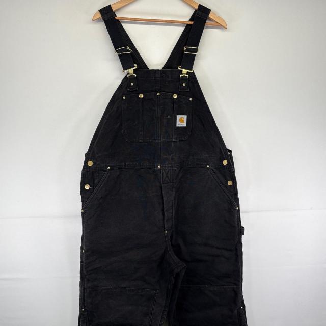 古着 カーハート Carhartt USA製 オーバーオール ダック ダブルニー ワーク ワンポイントロゴ 中綿 大きいサイズ w44 L30  ブラック