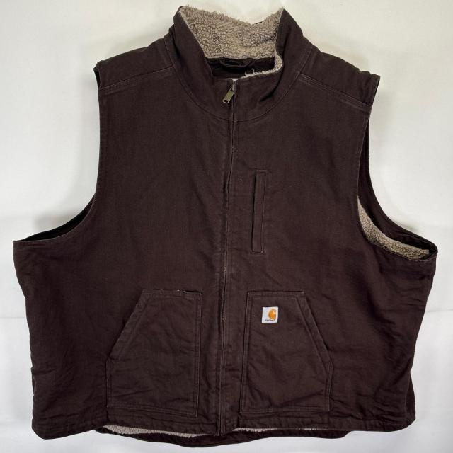 古着 カーハート Carhartt ダックベスト ボア ワンポイントロゴ フルジップ 大きいサイズ 4XL  ブラウン系 メンズ
