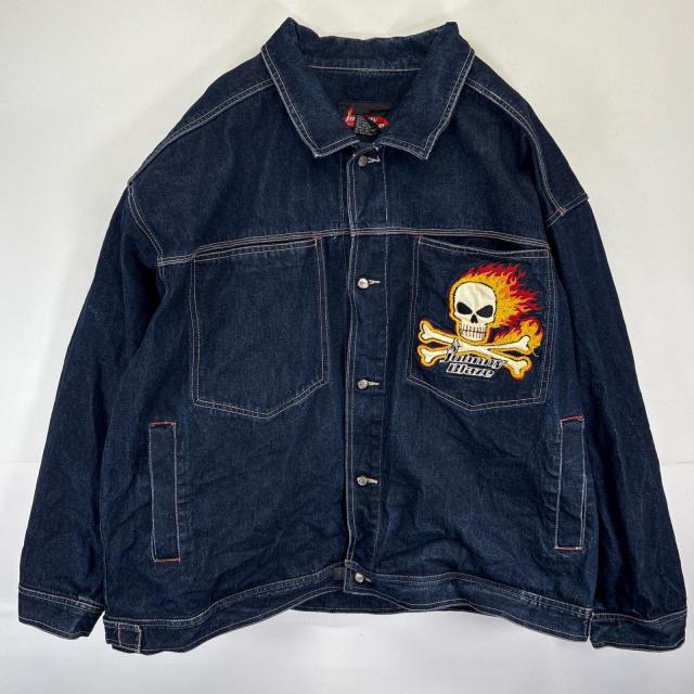 古着  Johnny Blaze デニムジャケット スカル刺繍 大きいサイズ ファイヤーパターン バックデザイン XXL インディゴブルー メンズ