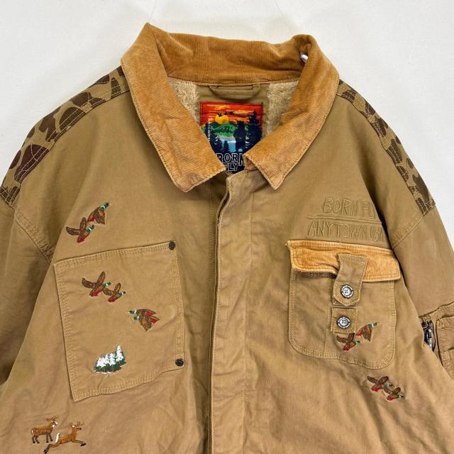 古着 BORN FLY カバーオール サファリジャケット 大きいサイズ ボアライナー 刺繍 3XL ブラウン系 メンズ_1
