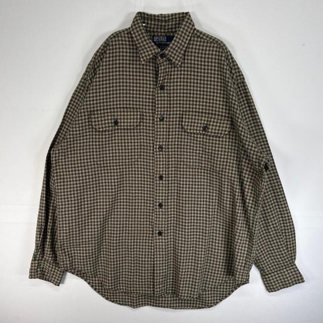 古着 90s/90年代 ポロバイラルフローレン Polo by Ralph Lauren 長袖シャツ ロゴ 刺繍 フラップポケ チェック G.I.SHIRT L