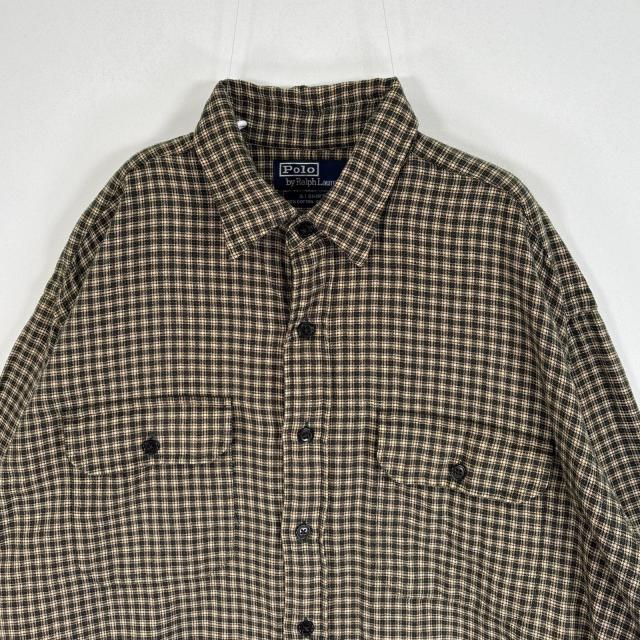 古着 90s/90年代 ポロバイラルフローレン Polo by Ralph Lauren 長袖シャツ ロゴ 刺繍 フラップポケ チェック G.I.SHIRT L