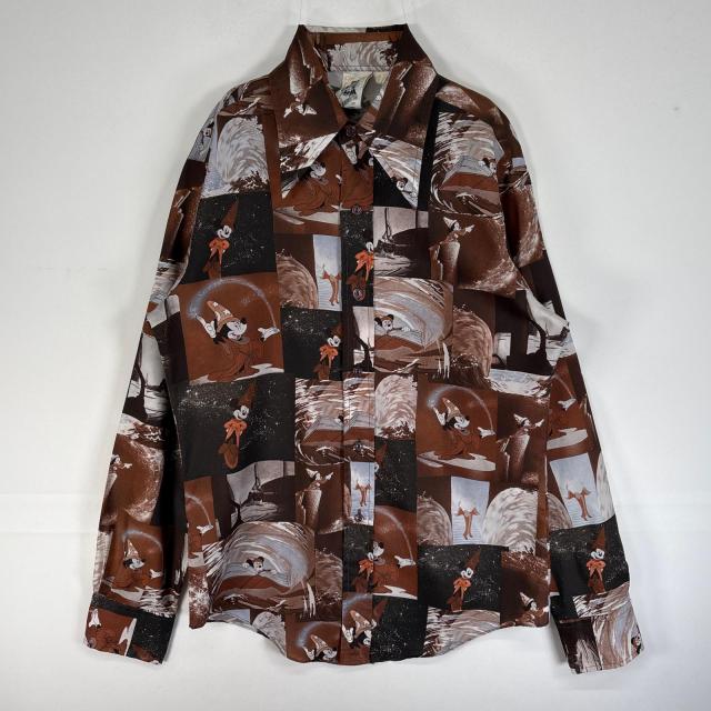 古着 70s/70年代 ヴィンテージ  KENNINGTON 長袖シャツ キャラクター ミッキー デカ襟 カラーステイ ファンタジア M  ブラウン系 総柄