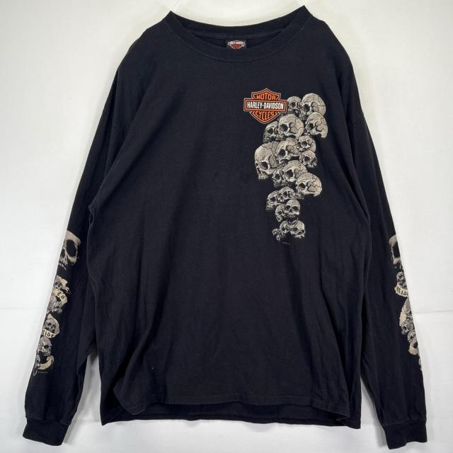 古着 ハーレーダビッドソン HARLEY DAVIDSON 長袖Tシャツ スカル バックプリント ロゴ 大きいサイズ XXL  ブラック メンズ