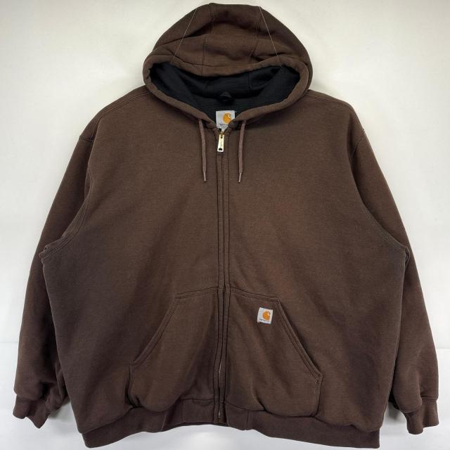 古着 カーハート Carhartt パーカー フルジップ 大きいサイズ ワンポイントロゴ 裏地メッシュ 3XL  ブラウン系 メンズ