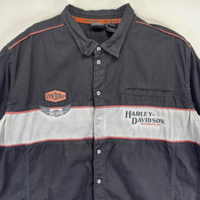 古着 ハーレーダビッドソン HARLEY DAVIDSON 半袖シャツ レーシングシャツ ワッペン 大きいサイズ バックデザイン 4XL  ブラック メンズ_1