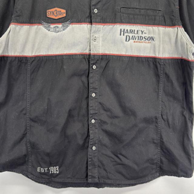 古着 ハーレーダビッドソン HARLEY DAVIDSON 半袖シャツ レーシングシャツ ワッペン 大きいサイズ バックデザイン 4XL  ブラック メンズ_2