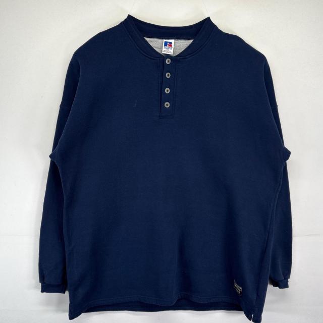 古着 90s/90年代 ラッセル Russell USA製 スウェット 大きいサイズ ハーフボタン プルオーバー 無地 トレーナー 2XL  ネイビー メンズ