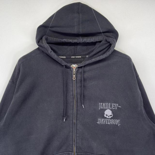 古着 ハーレーダビッドソン HARLEY DAVIDSON パーカー 大きいサイズ フルジップ ドクロ バイク ビックプリント 4XL ブラック メンズ_1