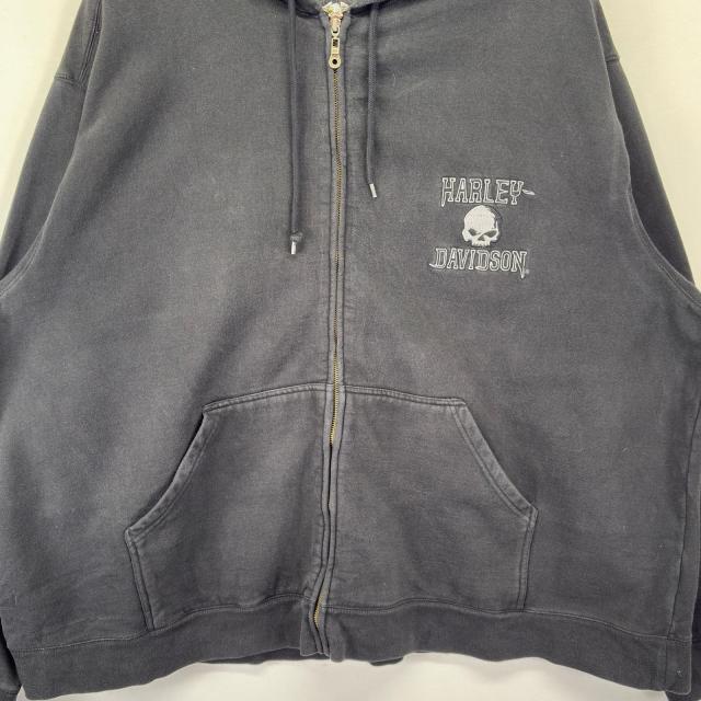 古着 ハーレーダビッドソン HARLEY DAVIDSON パーカー 大きいサイズ フルジップ ドクロ バイク ビックプリント 4XL ブラック メンズ_2