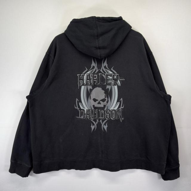 古着 ハーレーダビッドソン HARLEY DAVIDSON パーカー 大きいサイズ フルジップ ドクロ バイク ビックプリント 4XL ブラック メンズ_7