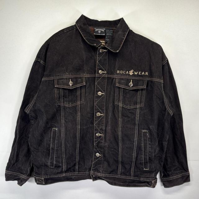 古着 ロカウェア Roca wear デニムジャケット 大きいサイズ ロゴ刺繍 Gジャン フェード ストリート 2XL  ブラック メンズ