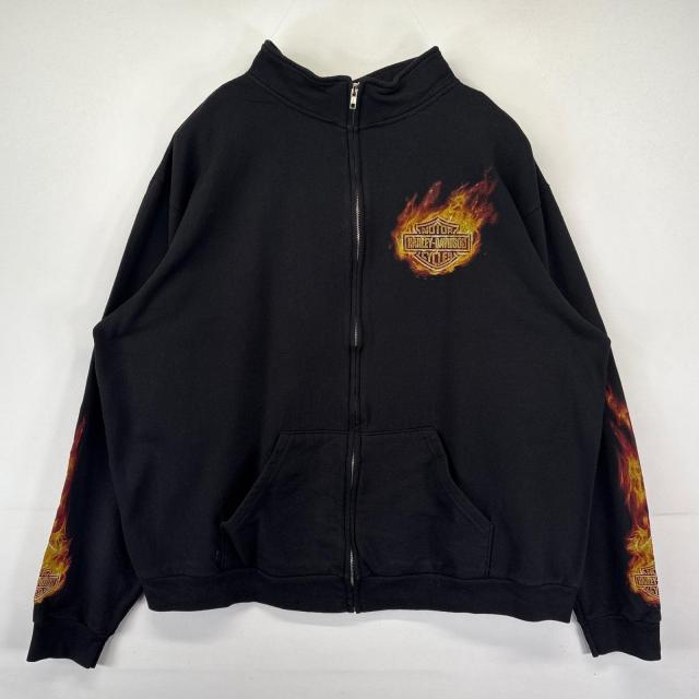 古着 ハーレーダビッドソン HARLEY DAVIDSON スウェット 大きいサイズ フルジップ トレーナー ファイヤーパターン 2XL  ブラック