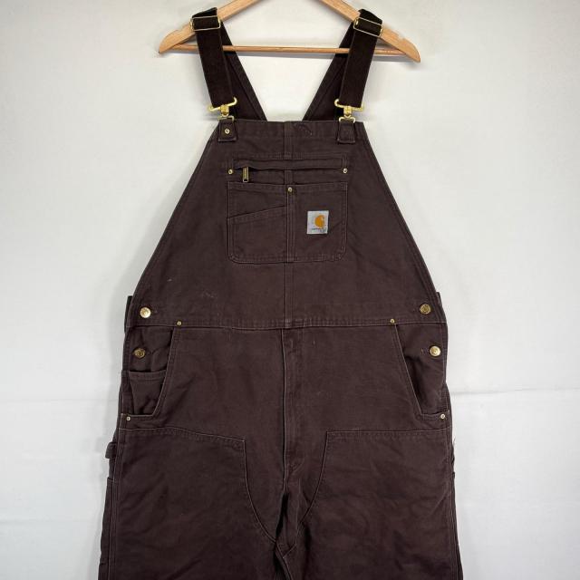 古着 カーハート Carhartt オーバーオール ダブルニー ワーク ダック 大きいサイズ ワンポイントロゴ w44 L32  ブラウン メンズ