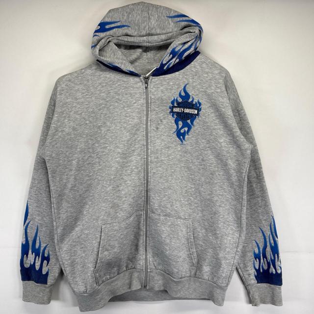 古着 ハーレーダビッドソン HARLEY DAVIDSON パーカー 大きいサイズ ファイヤーパターン フルジップ 2XL  グレー系 メンズ