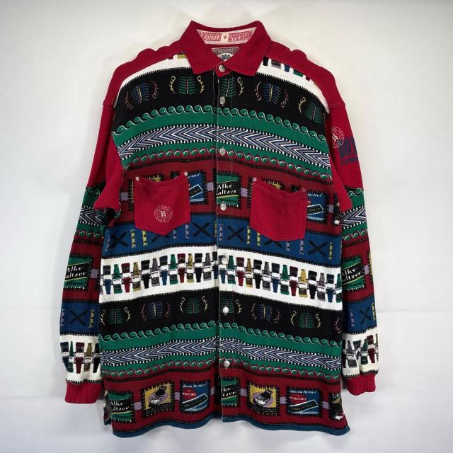 古着 90s/90年代  BOXER 長袖シャツ 大きいサイズ ニット生地 総柄 メキシカンシャツ  ボーダー柄 2XL マルチカラー メンズ