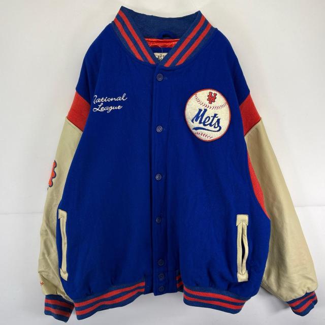 古着 ミッチェルアンドネス mitchell&amp;ness ウールスタジャン 袖レザー MLB ワッペン 大きいサイズ ニューヨークメッツ 4XL  ブルー