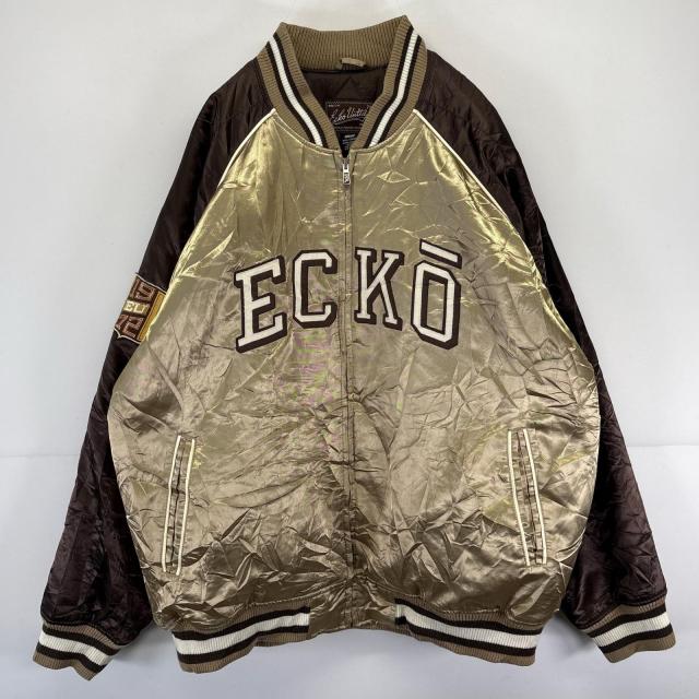 古着 エコー ECKO スタジャン ナイロン 大きいサイズ フルジップ ワッペン 中綿 ビッグロゴ 3XL ゴールド メンズ