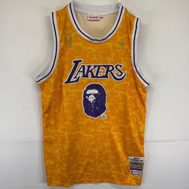 古着 ミッチェルアンドネス Mitchell&amp;Ness ゲームシャツ NBA レイカーズ アベイシングエイプコラボ  タンクトップ XL  イエロー メンズ