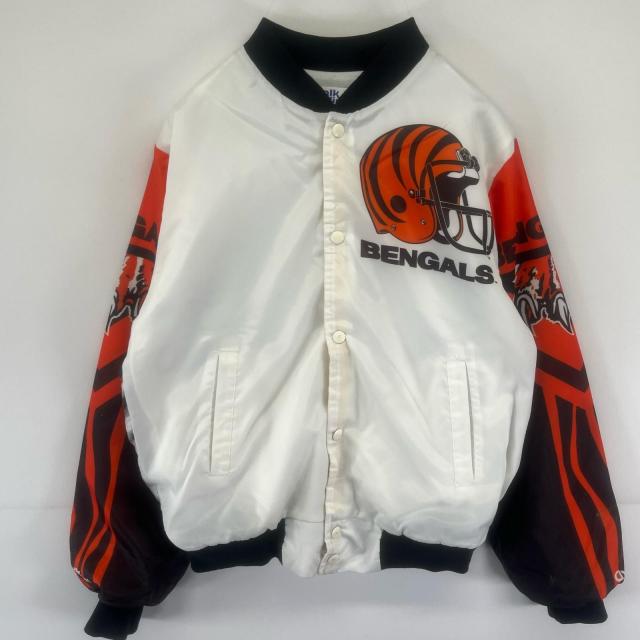 古着 チョークライン Chalk Line USA製 スタジャン ナイロン ブルゾン NFL ベンガルズ ビッグプリント S ホワイト メンズ